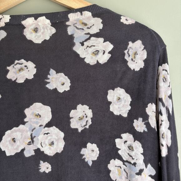 LOFT 100% Cotton Lightweight Floral Button Front Cardigan Sweater Navy Pastel L - Picture 6 of 10